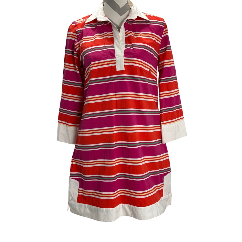 Tizzie Striped Colorful Cotton‎ Tunic Mini Dress Collared 3/4 Sleeve Pockets